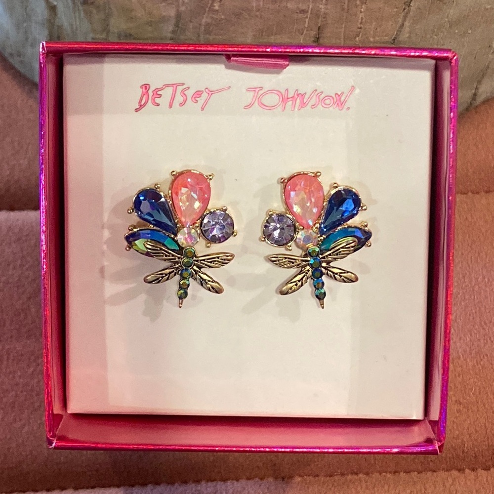 Betsey Johnson Goldtone Crystal DragonFly Butterfly Wind Post Earrings NIB